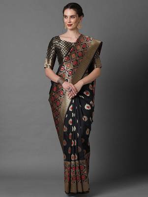 black black & red woven design silk blend banarasi saree 1