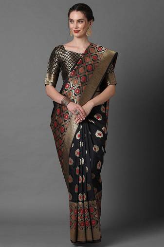 black black & red woven design silk blend banarasi saree