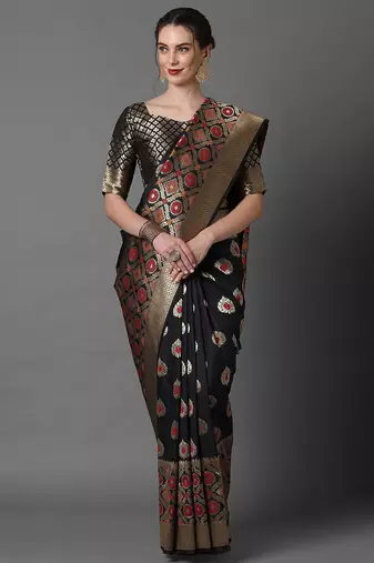 black black & red woven design silk blend banarasi saree
