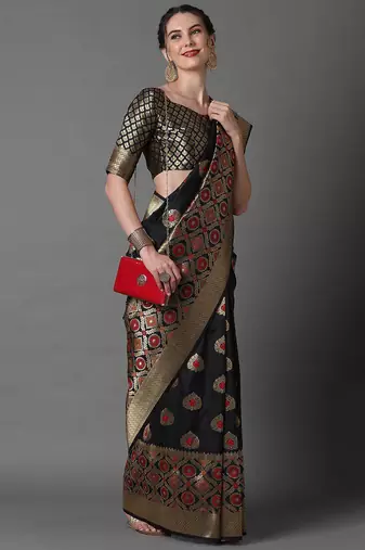 black black & red woven design silk blend banarasi saree