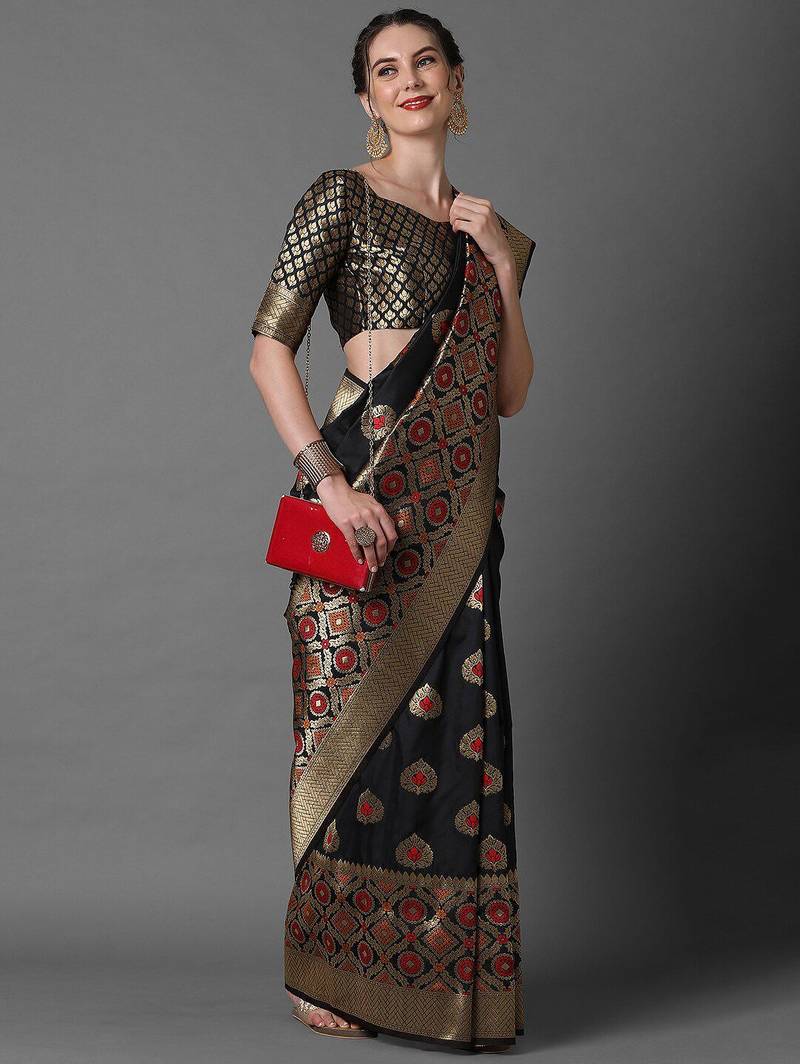 black black & red woven design silk blend banarasi saree