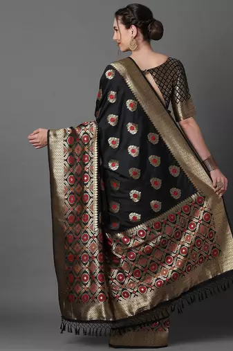 black black & red woven design silk blend banarasi saree