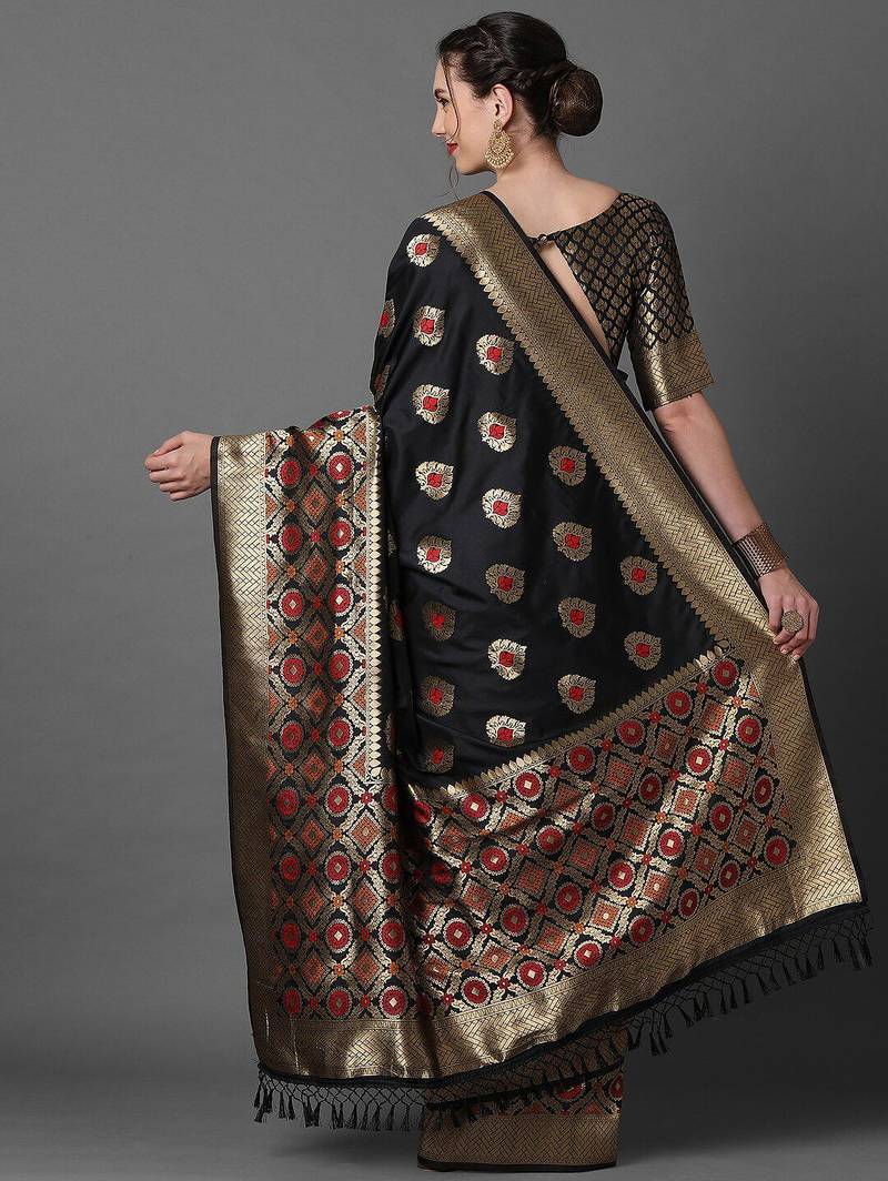 black black & red woven design silk blend banarasi saree