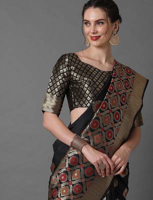 black black & red woven design silk blend banarasi saree 4