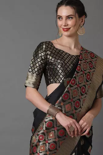 black black & red woven design silk blend banarasi saree