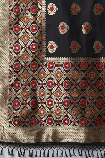 black black & red woven design silk blend banarasi saree