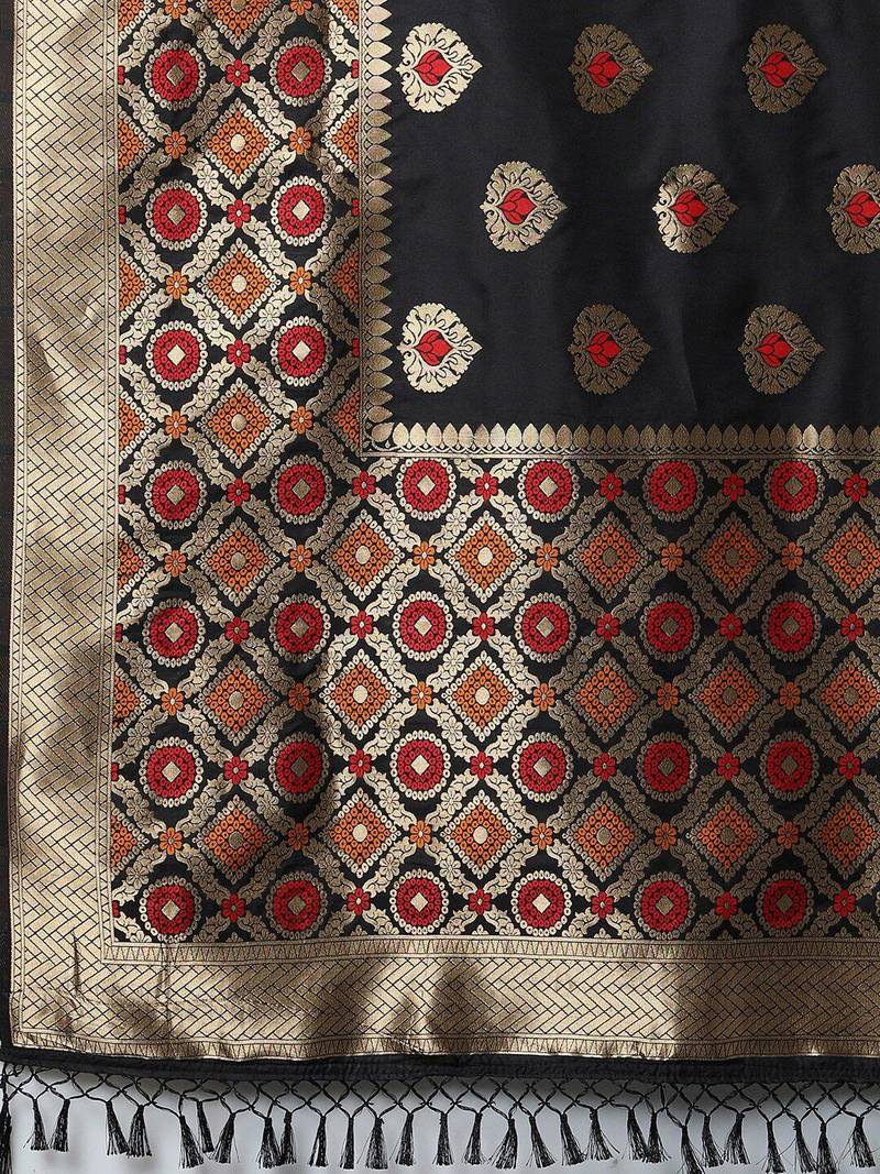 black black & red woven design silk blend banarasi saree