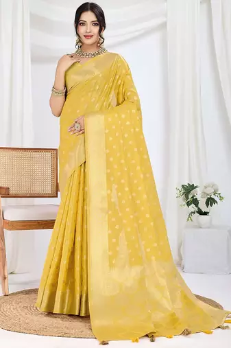yellow woven design zari tissue saree