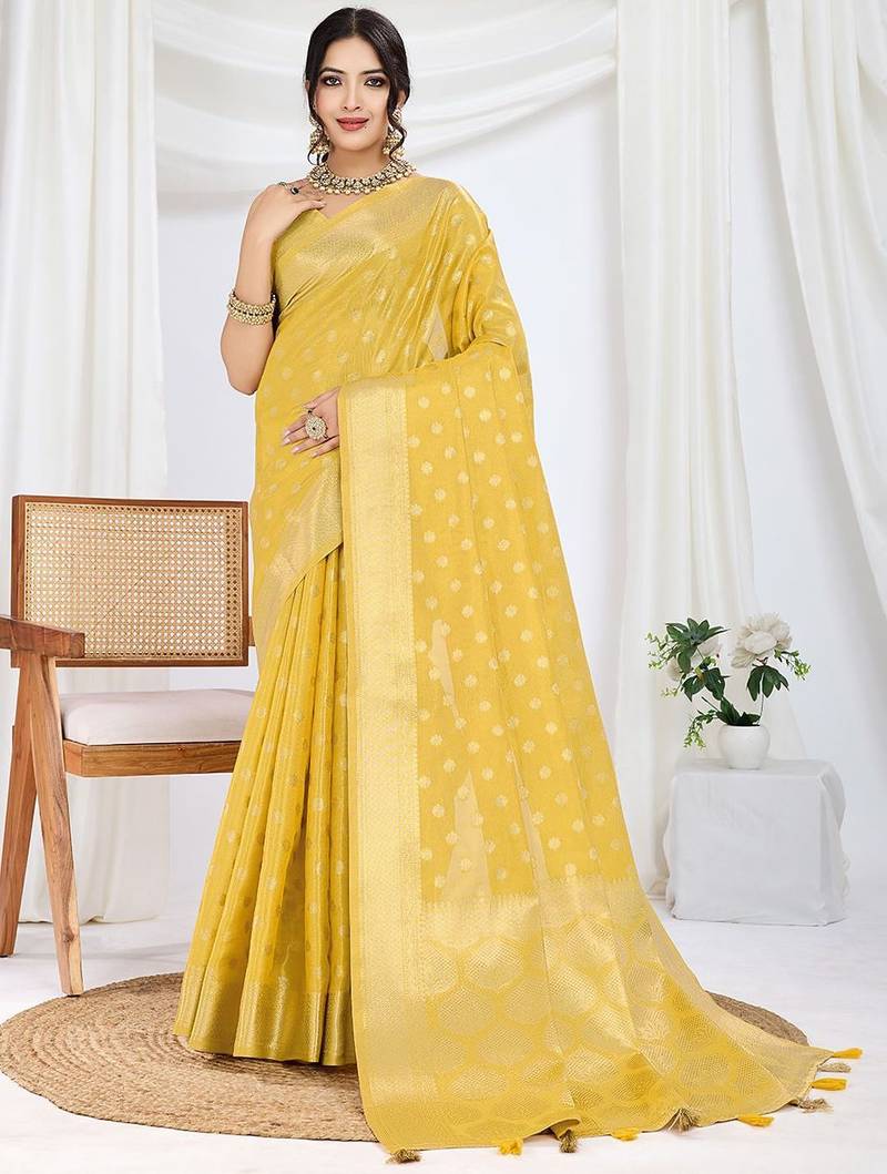 yellow woven design zari tissue saree