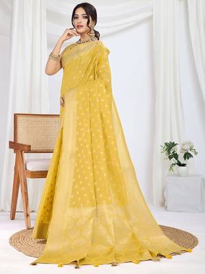yellow woven design zari tissue saree 2