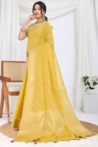 yellow woven design zari tissue saree