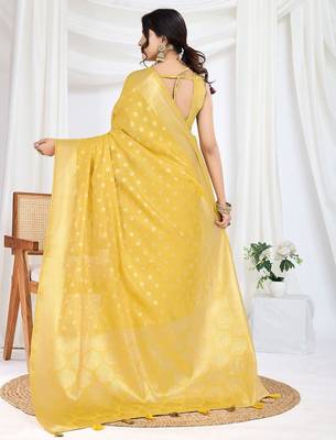 yellow woven design zari tissue saree 3