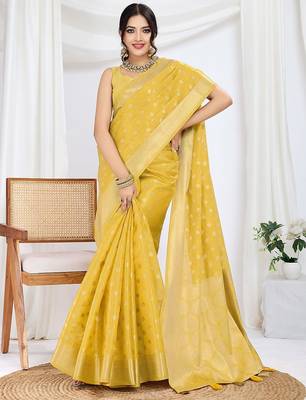 yellow woven design zari tissue saree 4