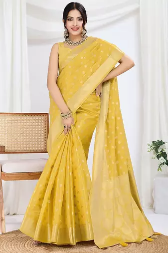 yellow woven design zari tissue saree