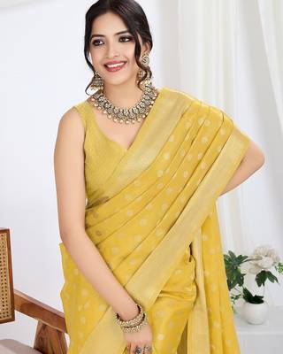 yellow woven design zari tissue saree 5