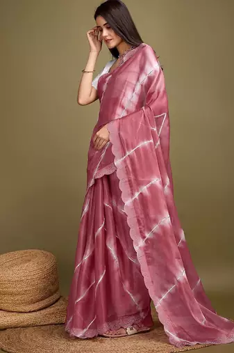 pink striped tie & dye gotta patti sequinned saree