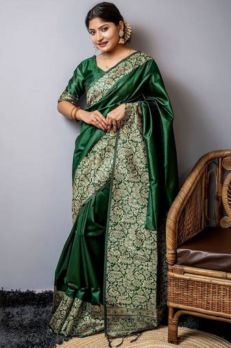 green ethnic motif woven design tassel saree