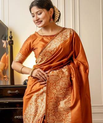 orange ethnic motif woven design tassel saree 2