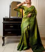 Coffee coffee brown & gold-toned ethnic motifs zari linen blend kanjeevaram saree
