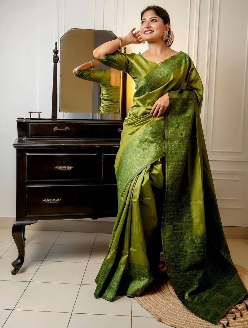 Coffee coffee brown & gold-toned ethnic motifs zari linen blend kanjeevaram saree