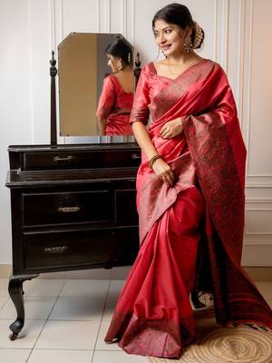 Pink woven design zari silk blend paithani saree with blouse piece 1