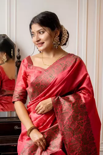 Pink woven design zari silk blend paithani saree with blouse piece