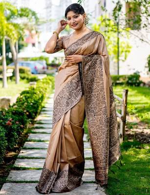 Pink pink & gold toned floral embroidered assam silk cotton zari banarasi saree 1