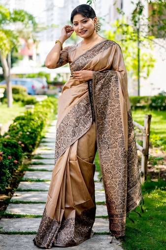 Pink pink & gold toned floral embroidered assam silk cotton zari banarasi saree