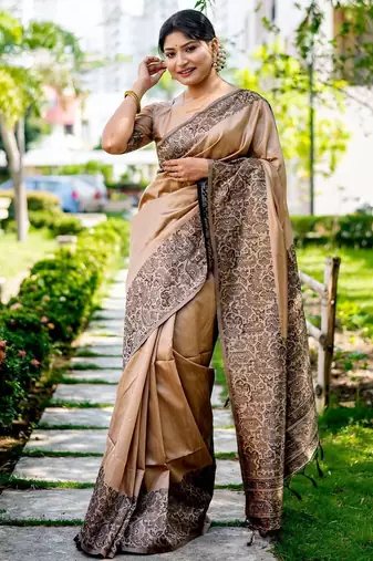 Pink pink & gold toned floral embroidered assam silk cotton zari banarasi saree