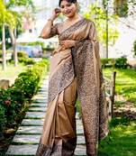 Pink pink & gold toned floral embroidered assam silk cotton zari banarasi saree