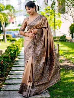 Pink pink & gold toned floral embroidered assam silk cotton zari banarasi saree 2