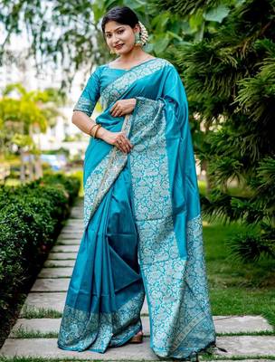 blue woven design ethnic motifs zari saree 1