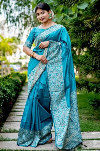 blue woven design ethnic motifs zari saree