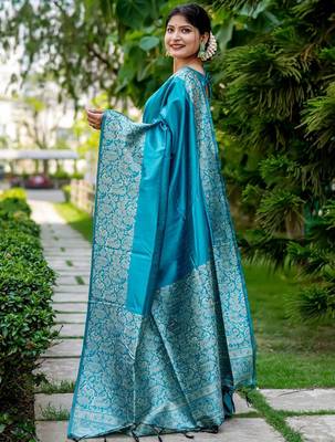 blue woven design ethnic motifs zari saree 2