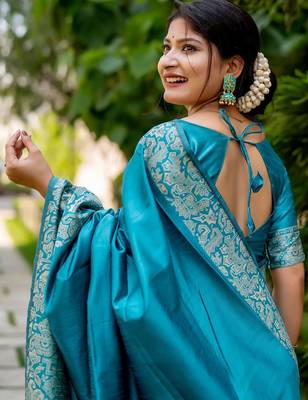 blue woven design ethnic motifs zari saree 3