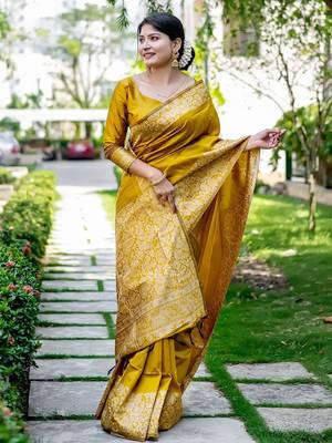 yellow woven design zari saree 1