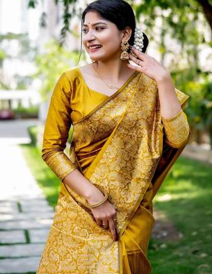 yellow woven design zari saree 3
