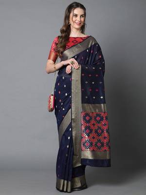 navy_blue navy blue & red silk blend ethnic woven designed festive saree 1