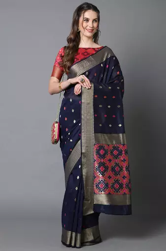 navy_blue navy blue & red silk blend ethnic woven designed festive saree