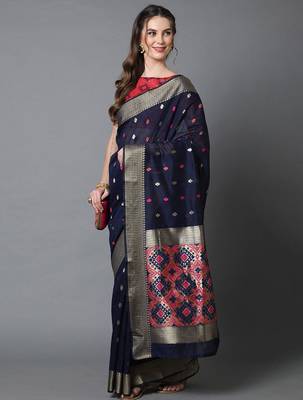 navy_blue navy blue & red silk blend ethnic woven designed festive saree 2