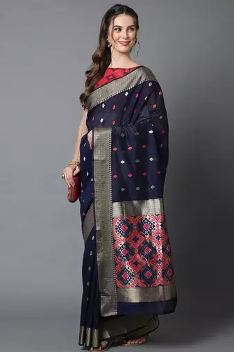 navy_blue navy blue & red silk blend ethnic woven designed festive saree