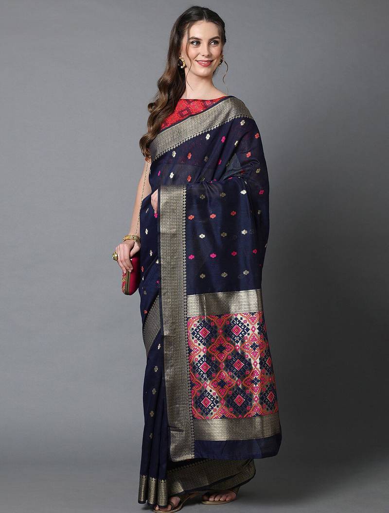 navy_blue navy blue & red silk blend ethnic woven designed festive saree
