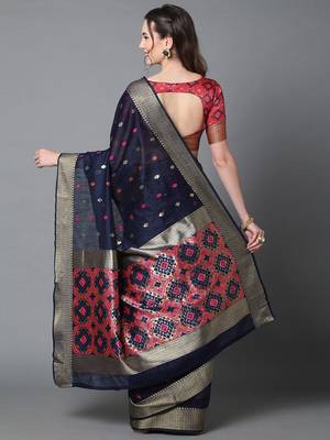 navy_blue navy blue & red silk blend ethnic woven designed festive saree 3
