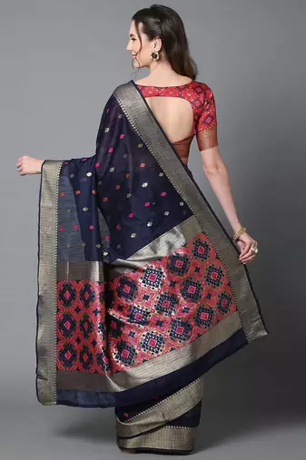 navy_blue navy blue & red silk blend ethnic woven designed festive saree