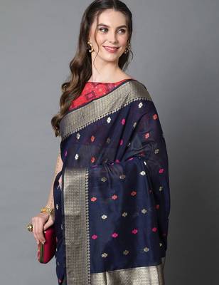 navy_blue navy blue & red silk blend ethnic woven designed festive saree 4