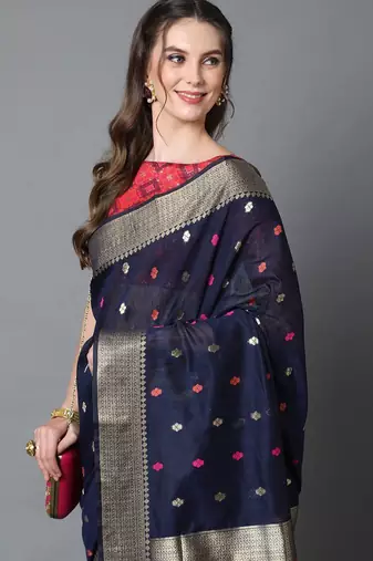 navy_blue navy blue & red silk blend ethnic woven designed festive saree