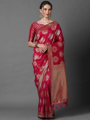 pink pink & gold-coloured floral woven design silk blend banarasi saree 1