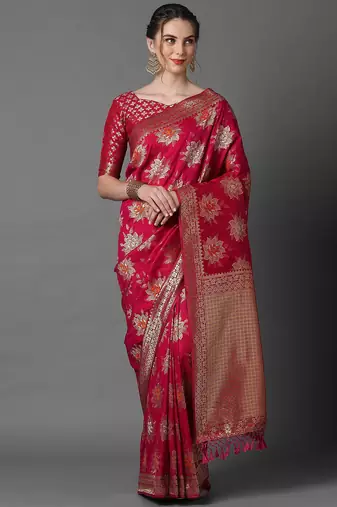 pink pink & gold-coloured floral woven design silk blend banarasi saree