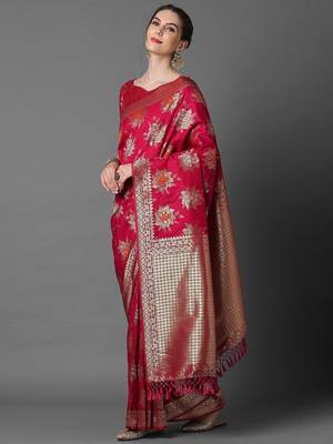 pink pink & gold-coloured floral woven design silk blend banarasi saree 2
