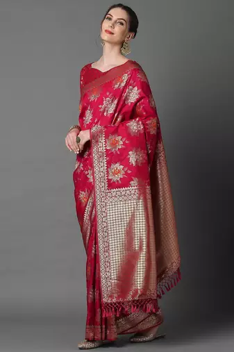 pink pink & gold-coloured floral woven design silk blend banarasi saree